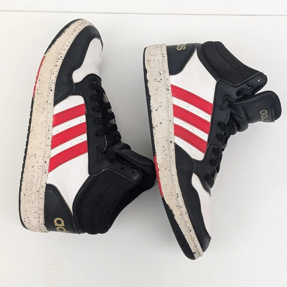 Kid's Adidas Hoops Mid size 5 pre-owned black white red stripe kids boys unisex